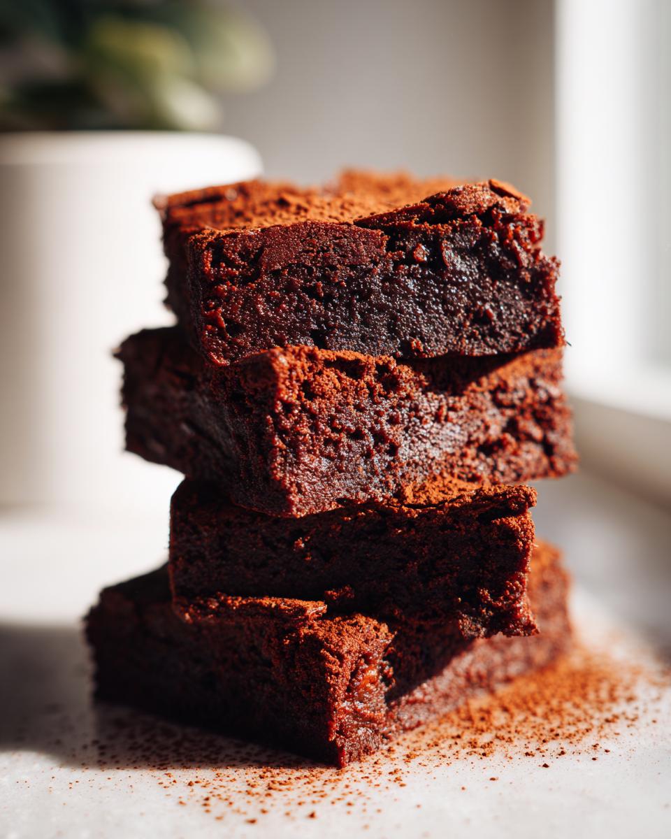 A stack of four rich, fudgy date brownies dusted with cocoa powder, showcasing their dense texture.