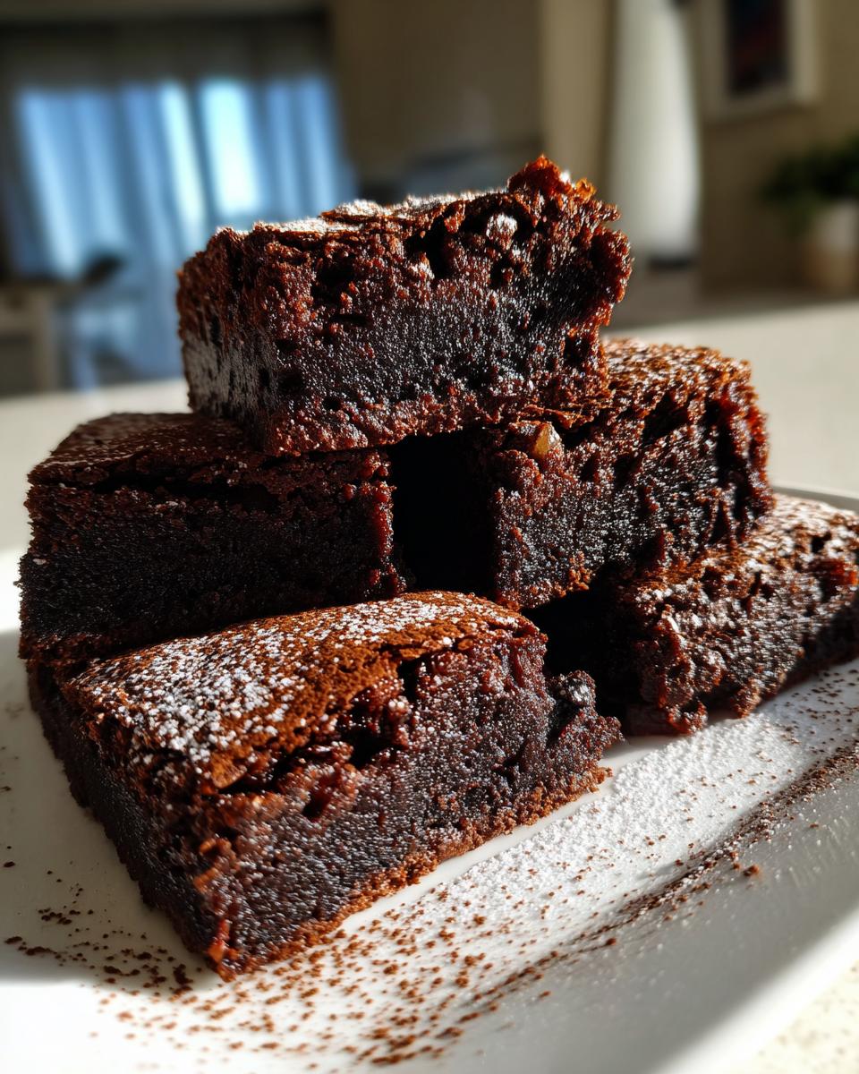 A stack of four fudgy date brownies, richly dark and dusted lightly with powdered sugar on a white plate.