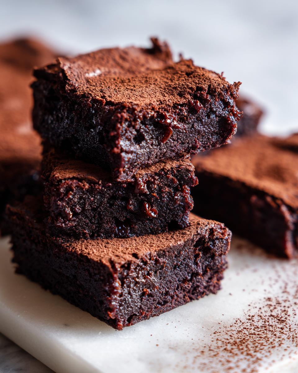 Close-up of a stack of three fudgy date brownies, heavily dusted with cocoa powder on a white marble surface.