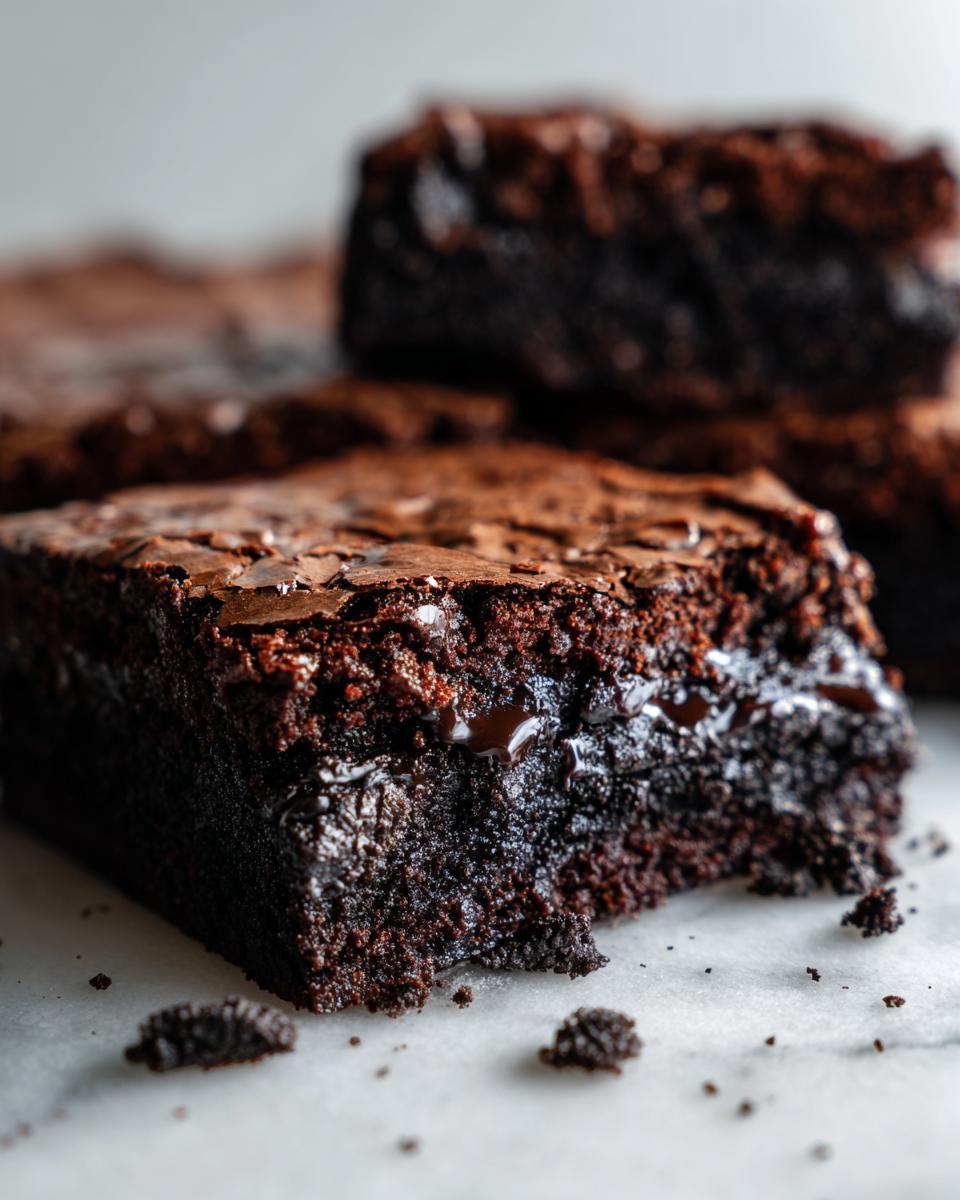 Close-up of a rich, dark chocolate Oreo brownies slice showing a gooey center and flaky top.