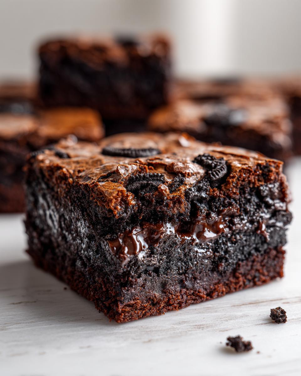 Close-up of a rich, fudgy Oreo brownie square showing melted chocolate and cookie pieces.