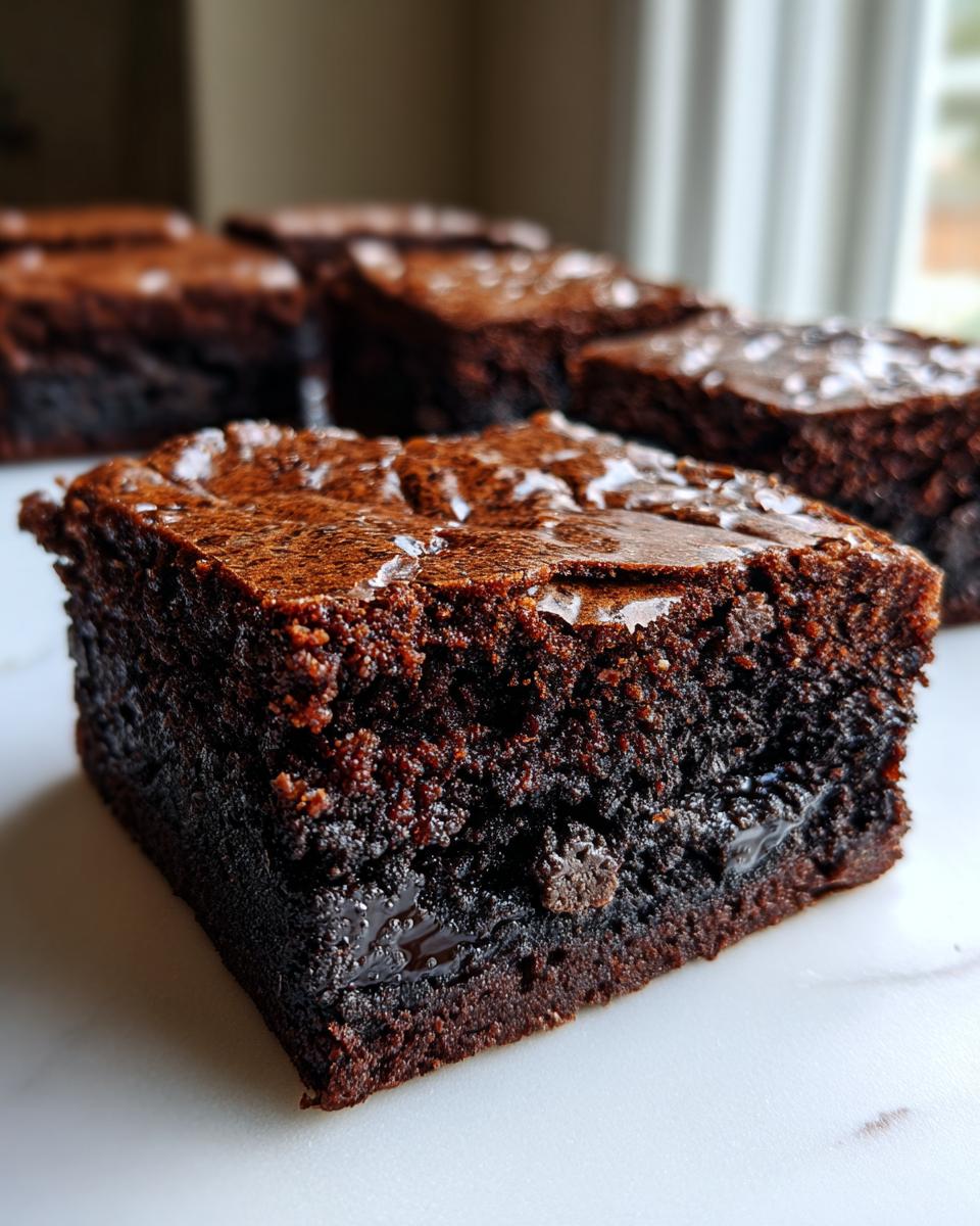 A close-up of a fudgy, rich Oreo brownie square topped with flaky sea salt, with more brownies blurred in the background.