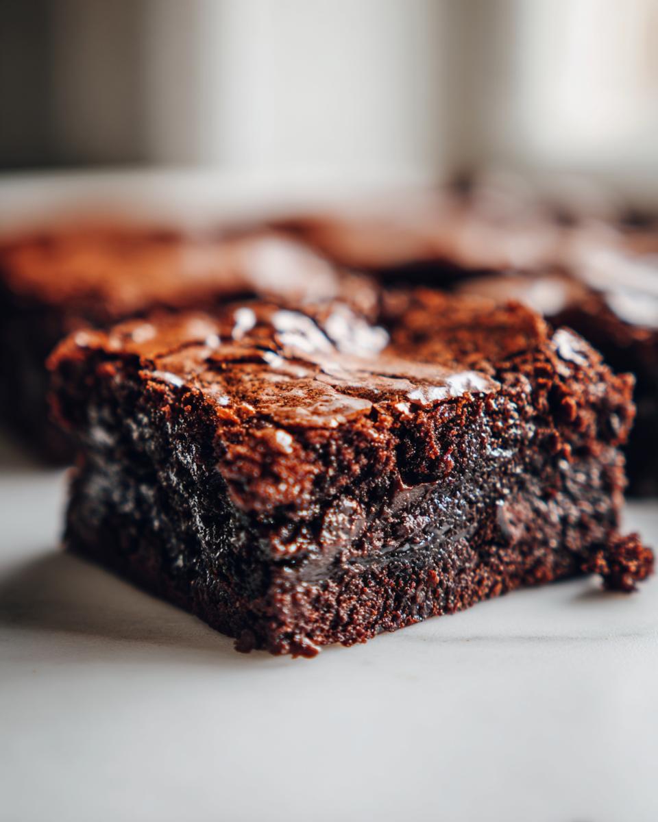 Close-up of a rich, fudgy square of Oreo brownies with a shiny top crust.