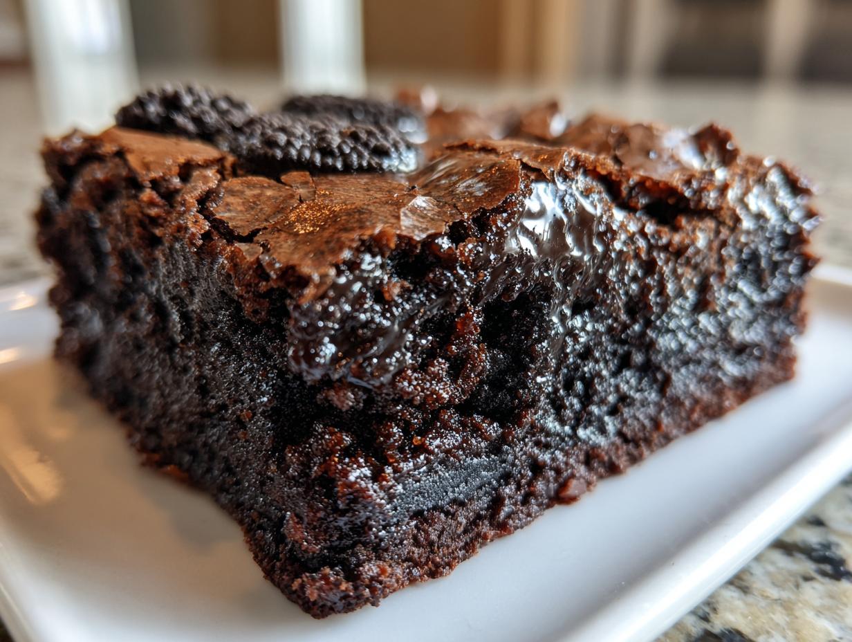 Close-up of a fudgy, dark chocolate Oreo brownies slice with a shiny, cracked top.