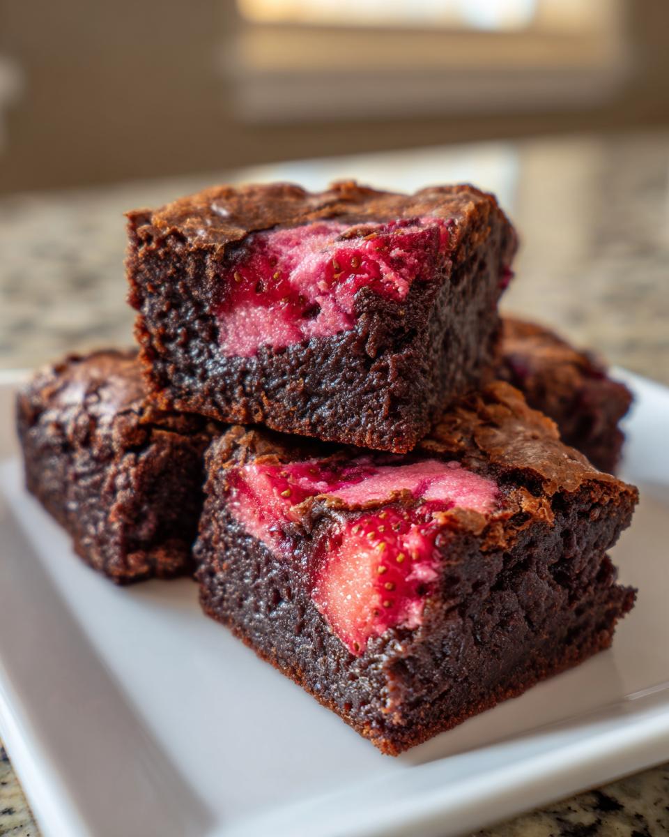 Close-up of stacked, fudgy strawberry brownies showing a bright pink strawberry filling inside the dark chocolate.