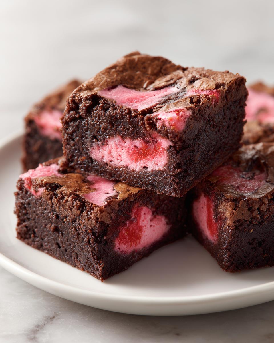 Close-up of fudgy strawberry brownies stacked on a white plate, showing the rich chocolate exterior and bright pink strawberry swirl filling.