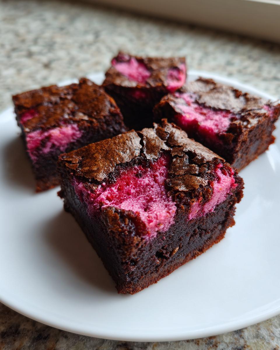 Four fudgy strawberry brownies with a bright pink strawberry swirl topping served on a white plate.
