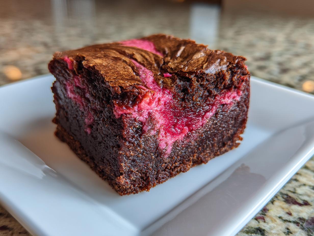 Close-up of a fudgy strawberry brownie slice showing a rich dark chocolate base and a vibrant pink strawberry swirl.