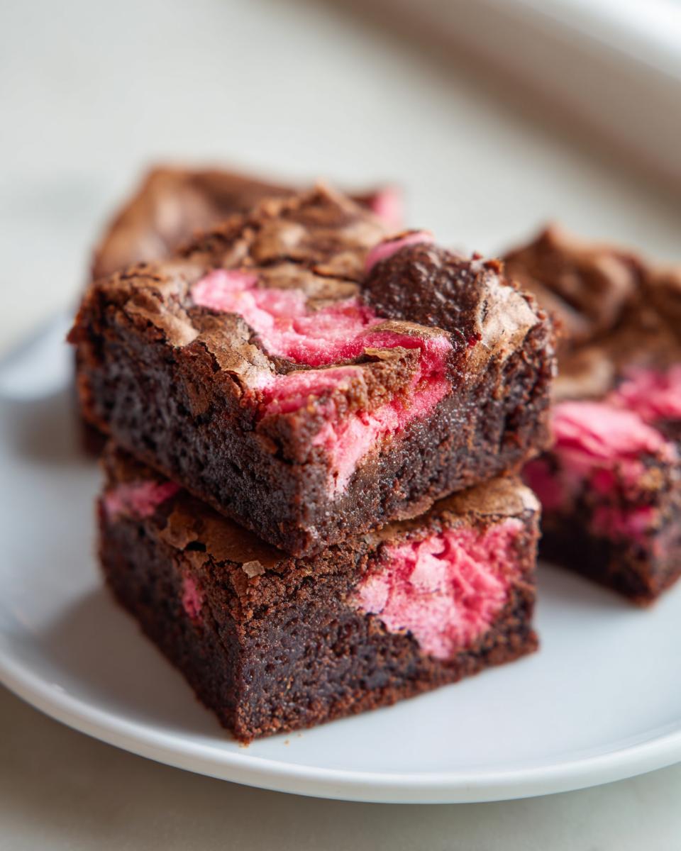 Two fudgy strawberry brownies stacked on a white plate, showing a rich chocolate interior with bright pink strawberry swirls.