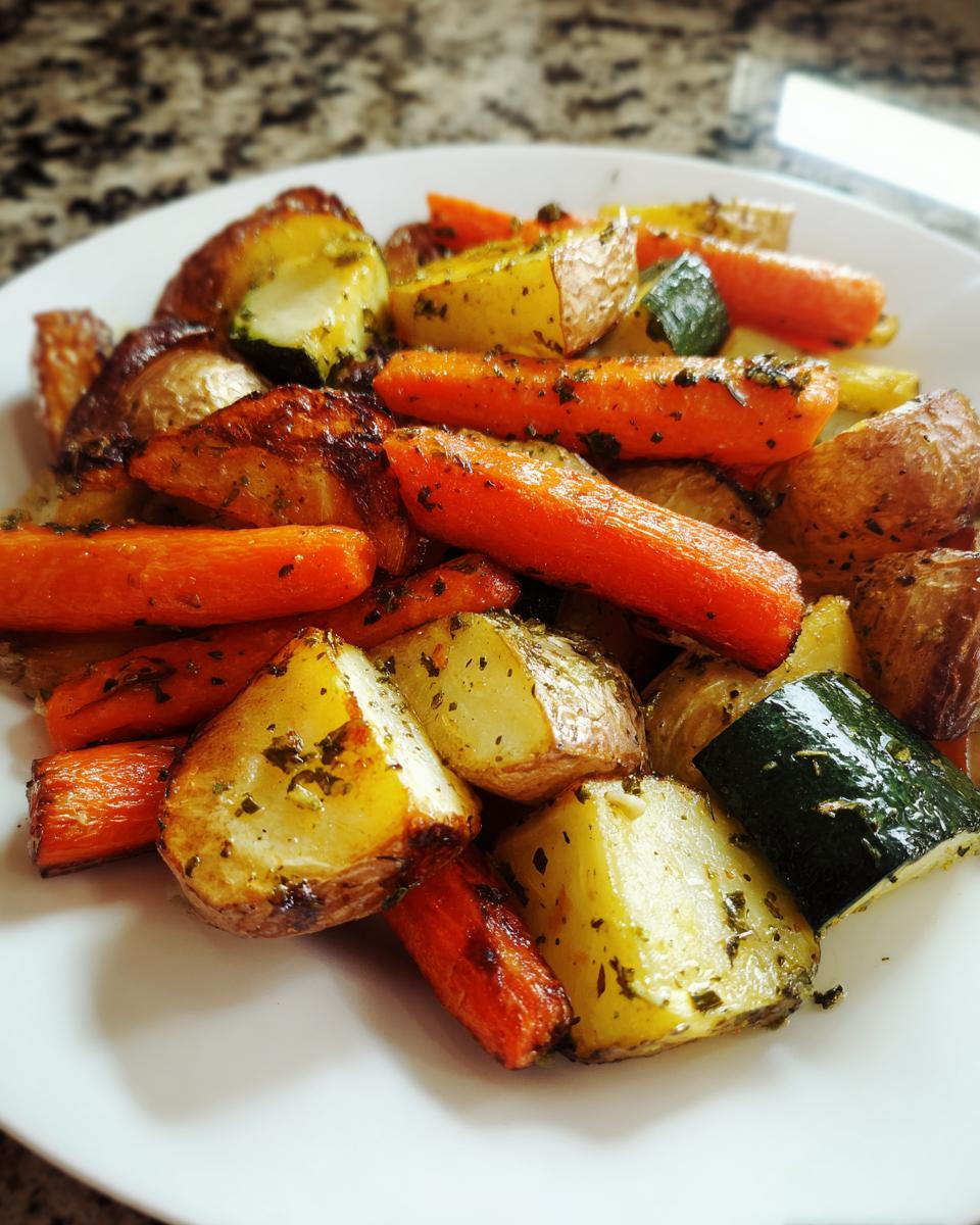 A close-up of roasted potatoes, carrots, and zucchini seasoned with herbs, representing the Garlic Herb Roasted Veggies.