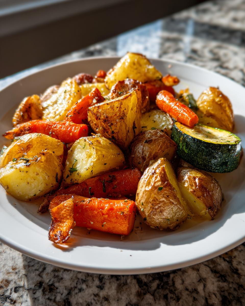 A close-up of golden brown potatoes, bright carrots, and zucchini wedges seasoned with herbs, showcasing the Garlic Herb Roasted Veggies.