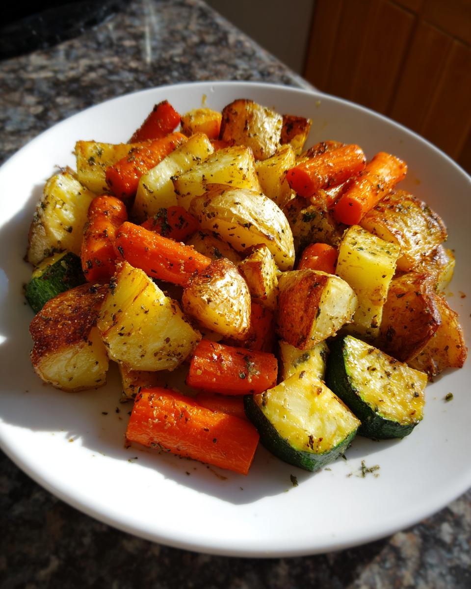 A white plate filled with golden brown Garlic Herb Roasted Veggies, including potatoes, carrots, and zucchini, seasoned with herbs.