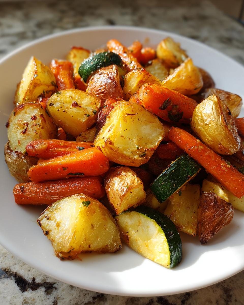 A close-up of perfectly browned Garlic Herb Roasted Veggies including potatoes, carrots, and zucchini served in a white bowl.
