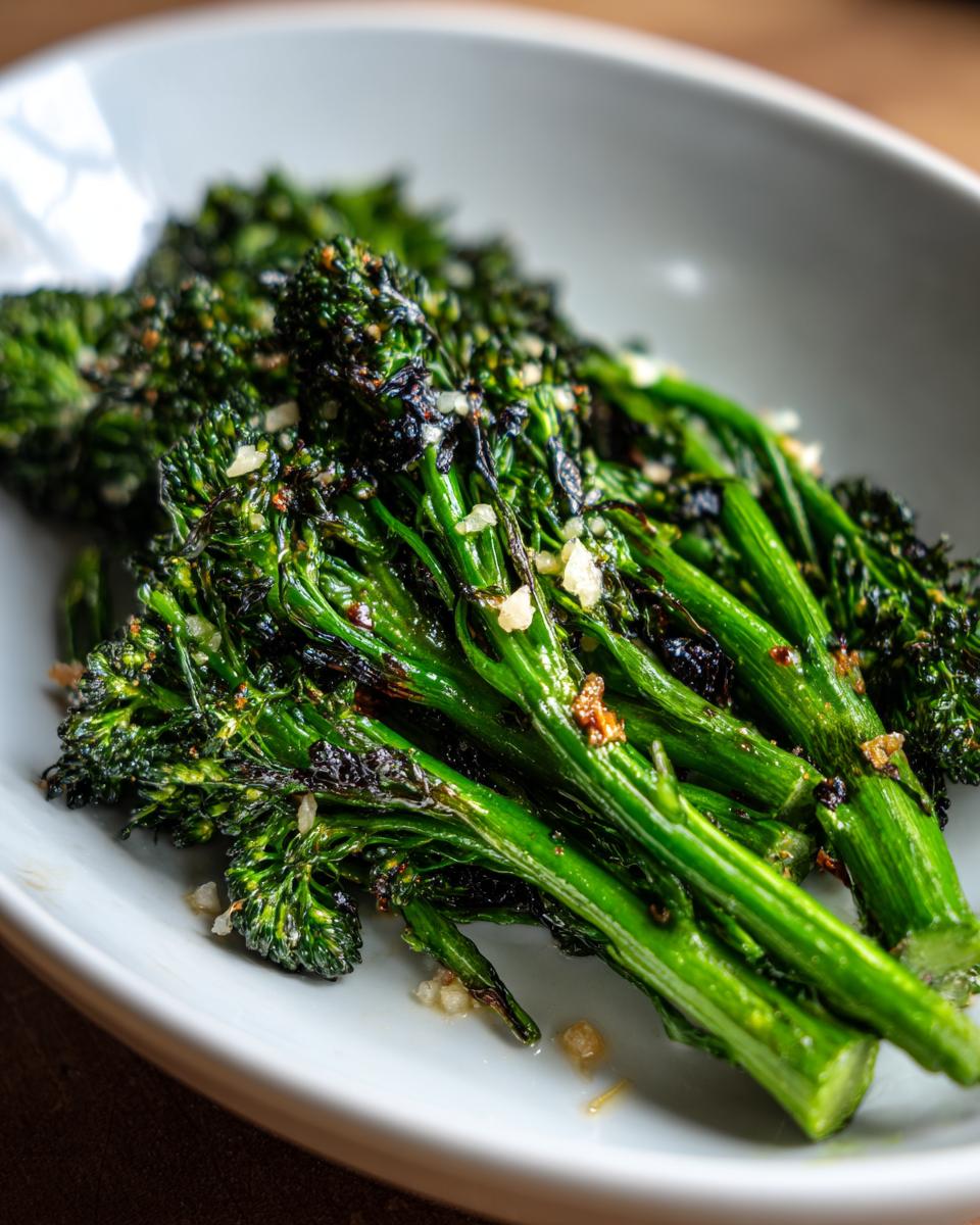 Close-up of bright green, roasted broccolini tossed with minced garlic, served in a shallow white bowl.