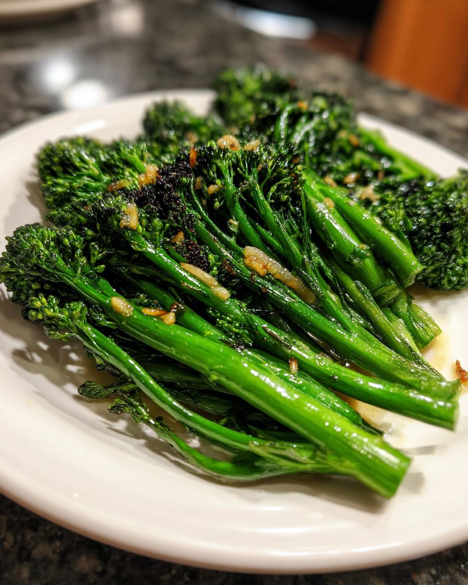 Close-up of bright green, tender broccolini stalks seasoned with garlic and lemon, served on a white plate.