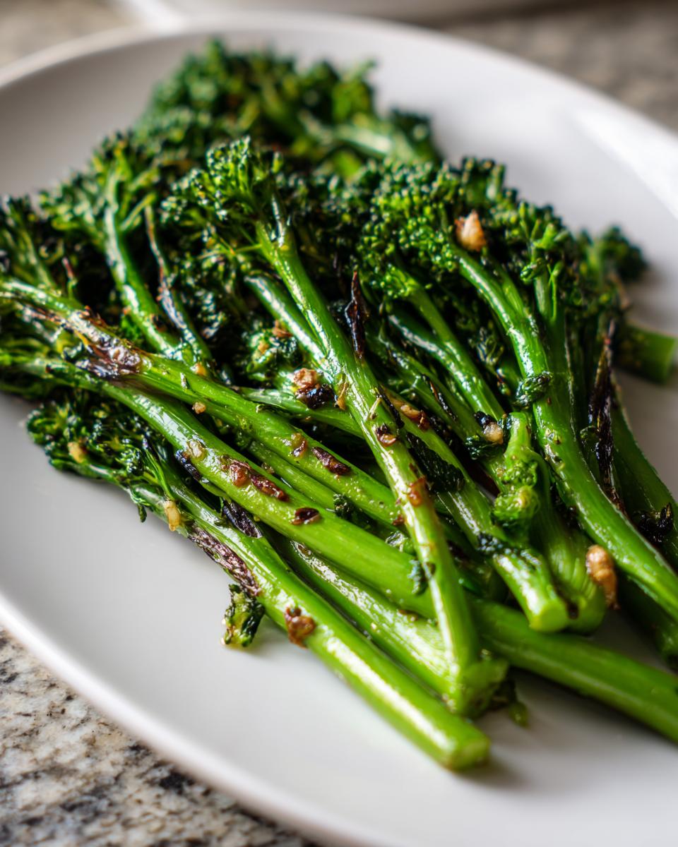 Close-up of bright green, tender-crisp broccolini stalks seasoned with garlic, served on a white platter.