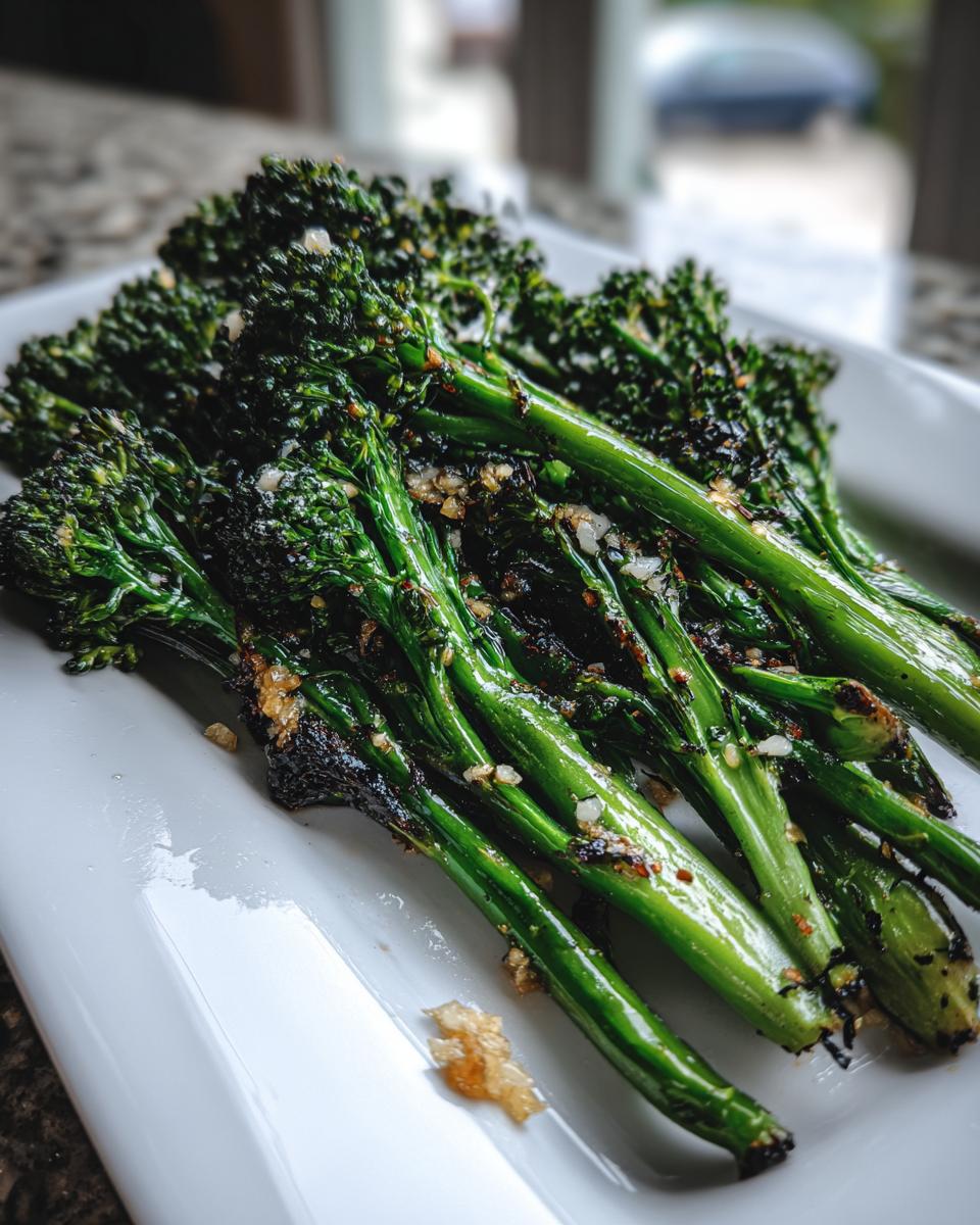 Close-up of perfectly cooked, vibrant green broccolini tossed with minced garlic, served on a white rectangular platter.