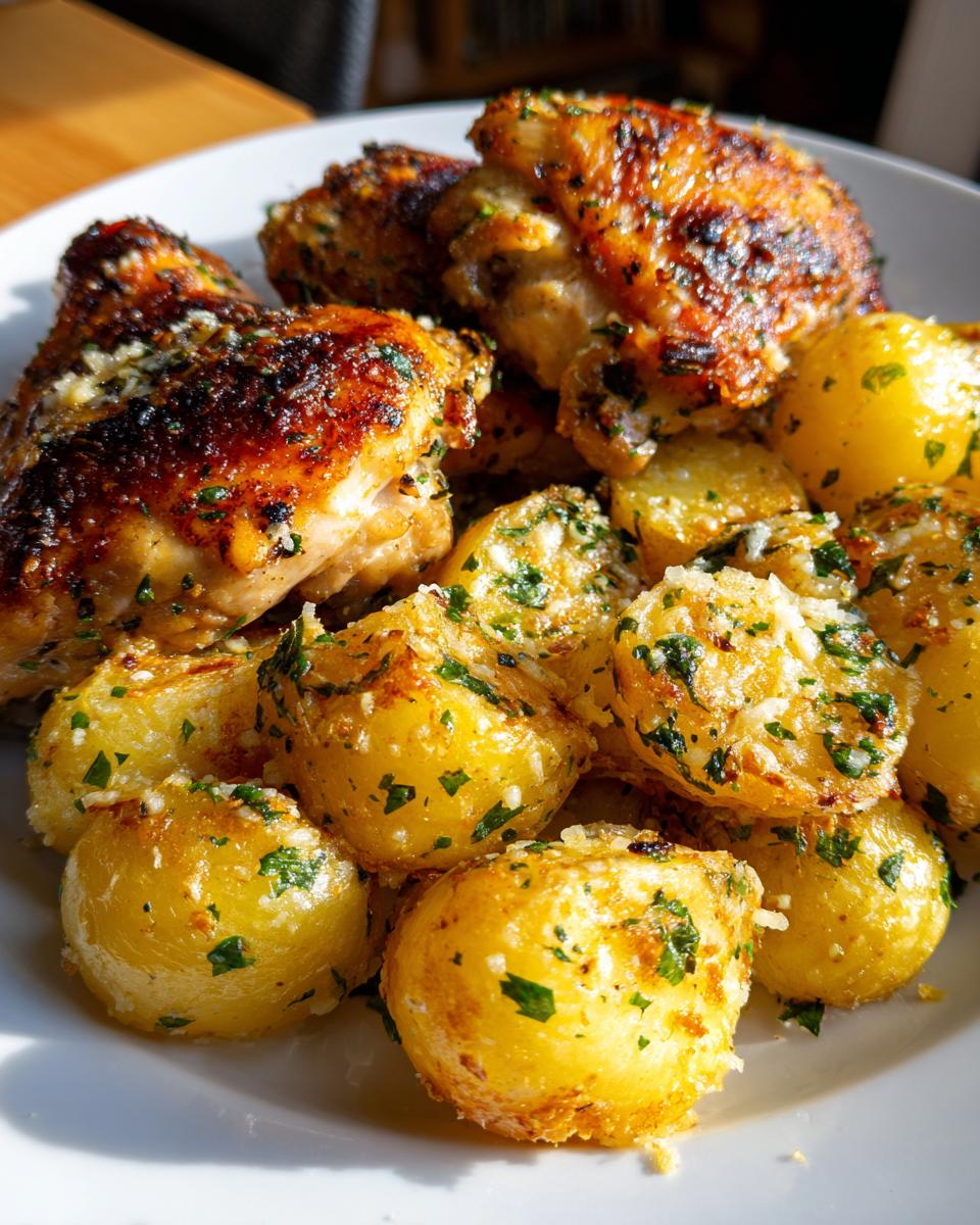 Close-up of crispy baked chicken pieces served with roasted potatoes seasoned heavily with garlic parmesan chicken coating.