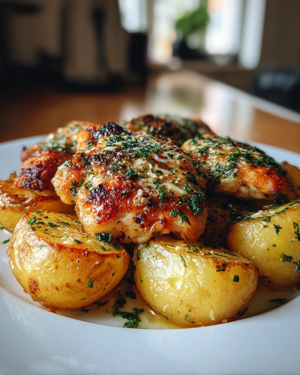 Close-up of golden-brown garlic parmesan chicken and roasted potatoes topped with herbs.