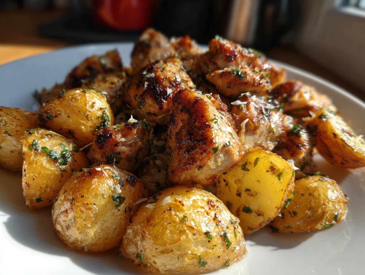 Close-up of golden roasted potatoes and seared chicken pieces seasoned for garlic parmesan chicken and potatoes.