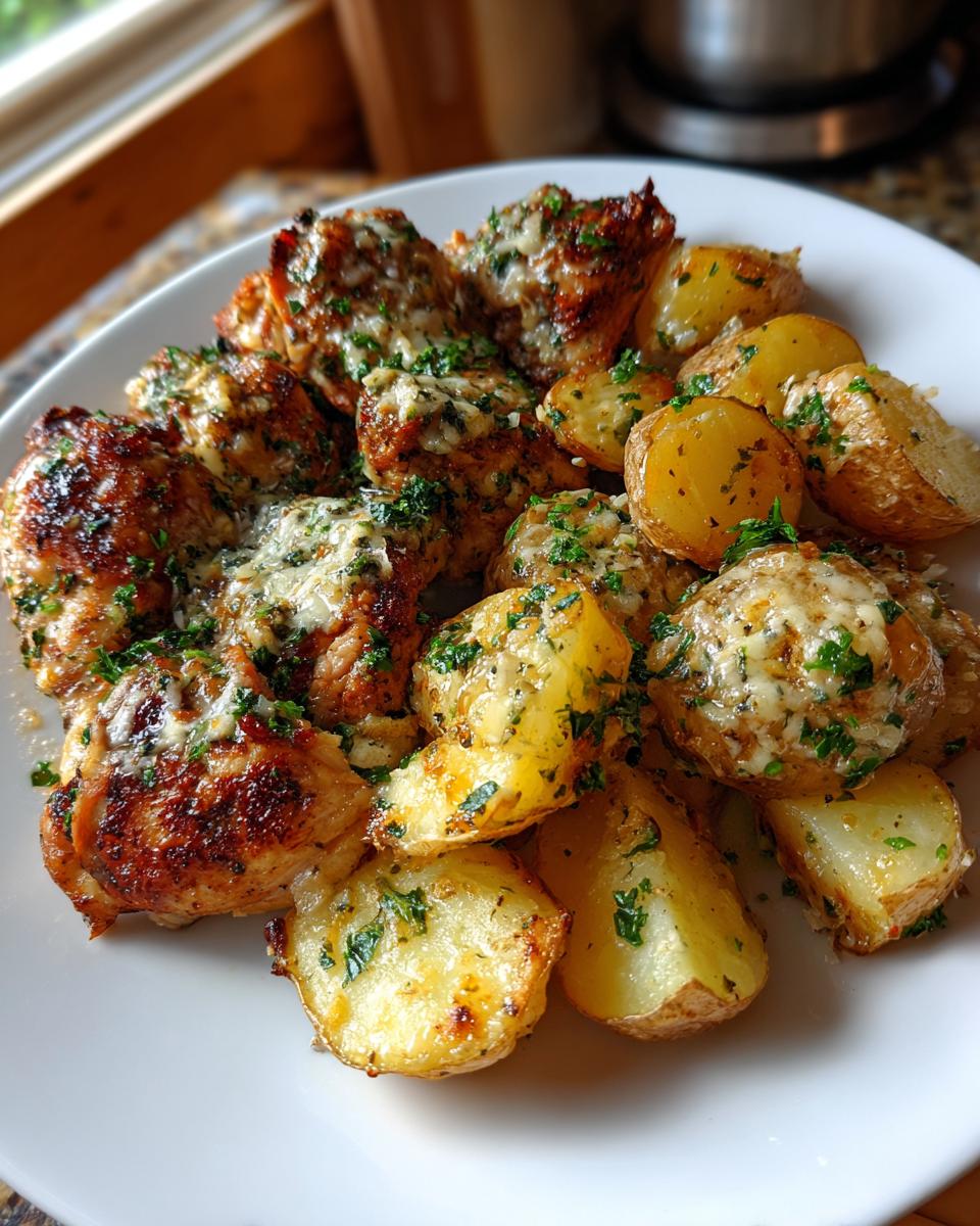 A plate of golden-brown garlic parmesan chicken and roasted potatoes topped with melted cheese and fresh parsley.
