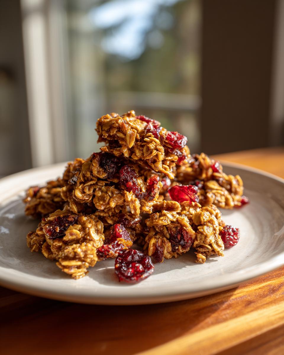 A pile of moist, clustered gingerbread granola mixed with dried cranberries served on a light plate.
