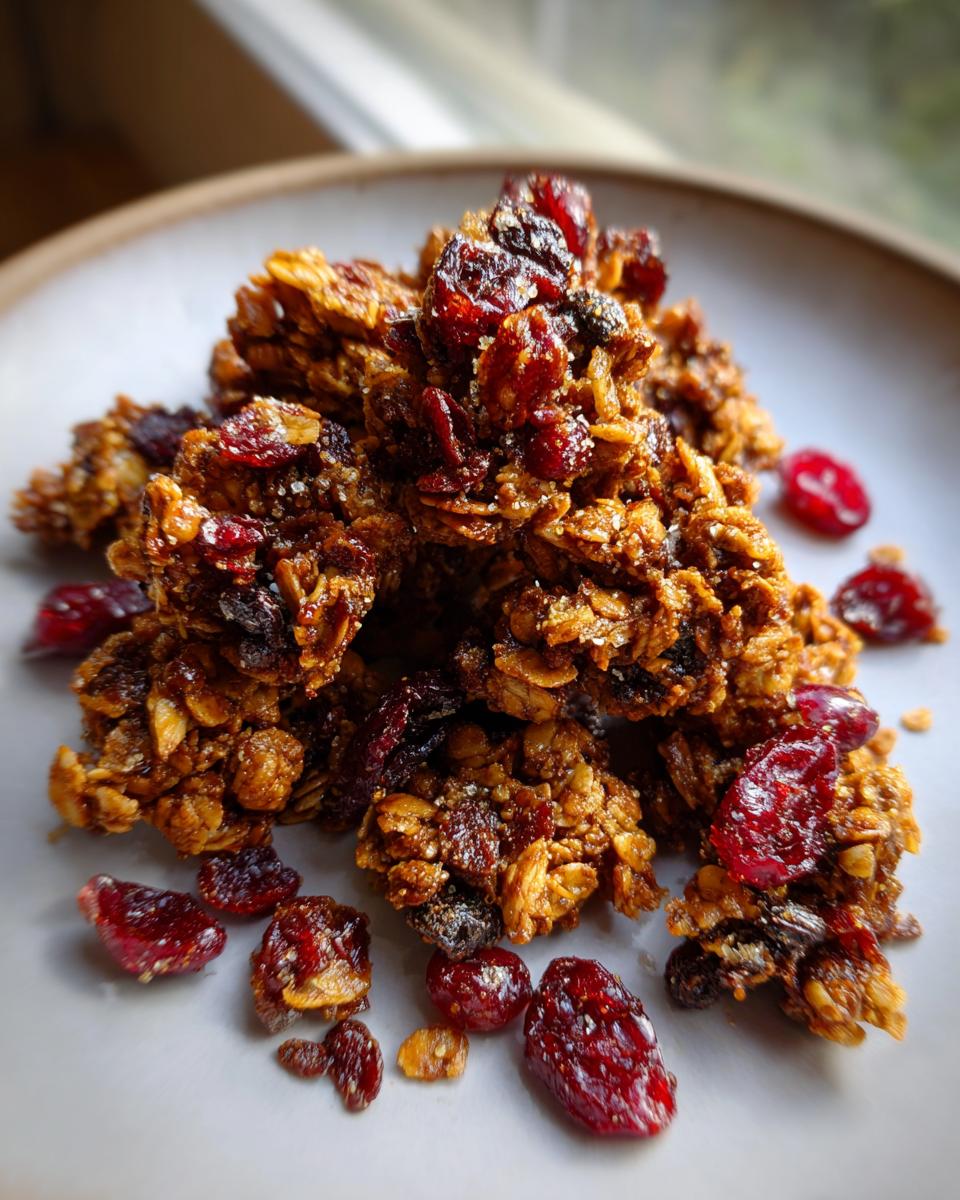 Close-up of clusters of rich, dark gingerbread granola mixed with dried cranberries on a light plate.