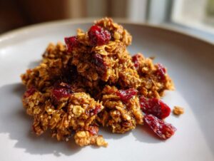 Close-up of clustered gingerbread granola pieces mixed with dried cranberries, resting on a light plate.