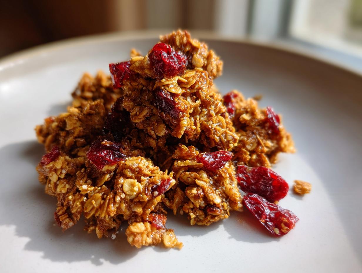Close-up of clustered gingerbread granola pieces mixed with dried cranberries, resting on a light plate.