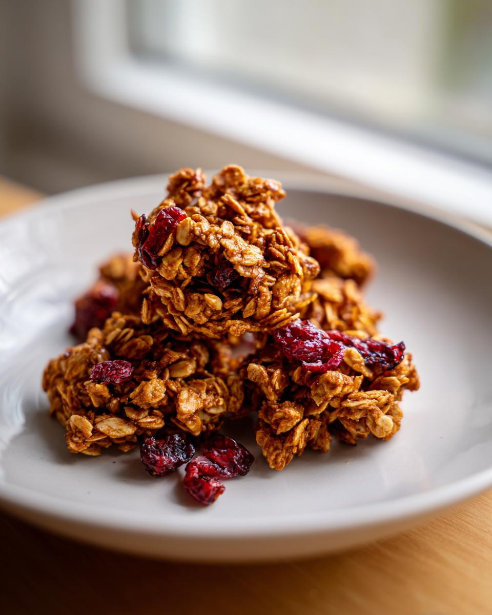 Close-up of clustered gingerbread granola pieces mixed with dried cranberries on a white plate.