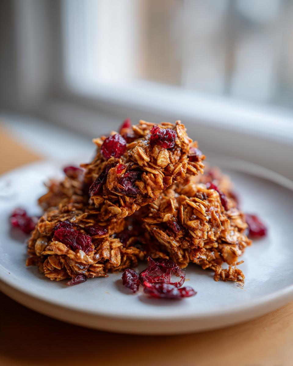 Two stacked, rustic pieces of homemade gingerbread granola, studded with dried cranberries, resting on a light plate.