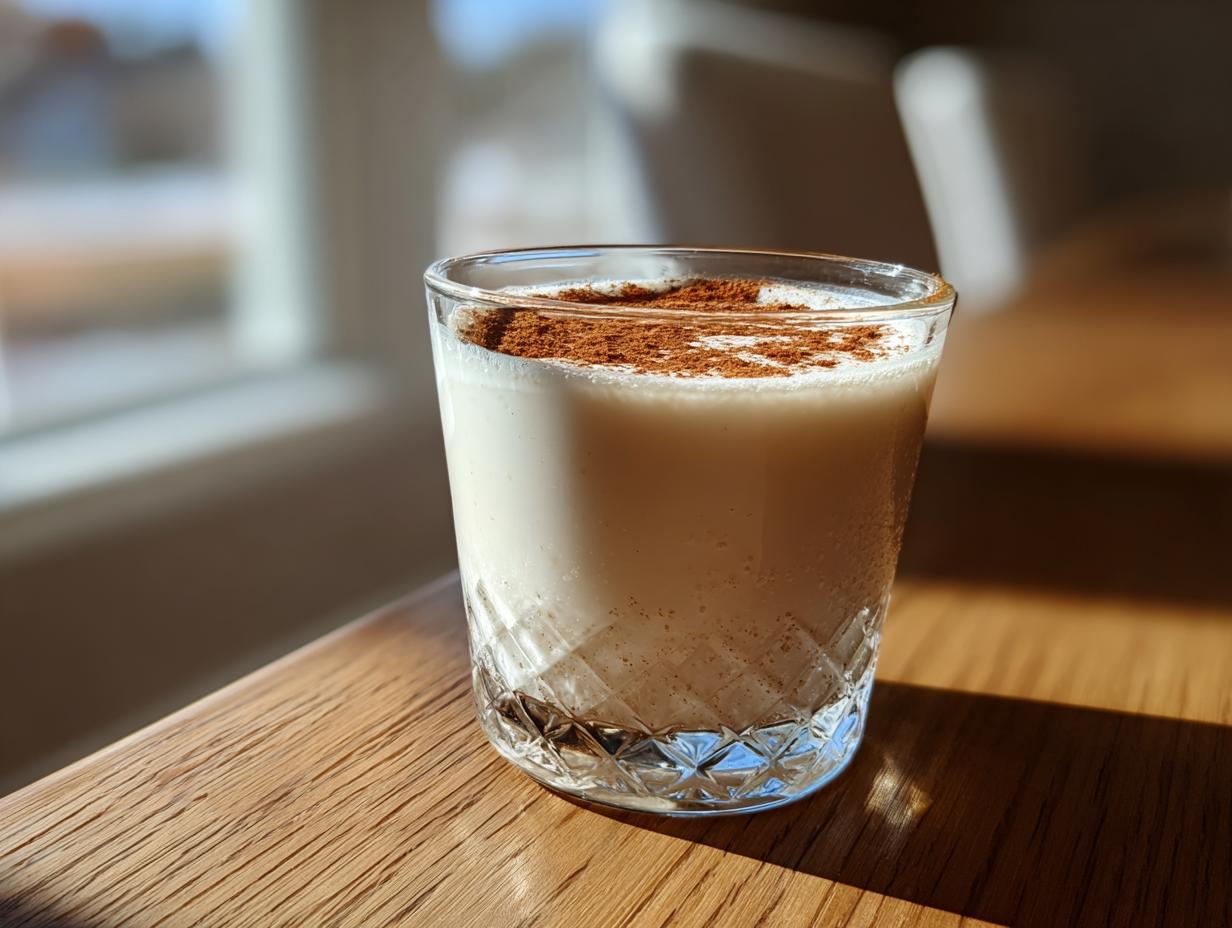 A glass of creamy coquito topped with a dusting of cinnamon powder, sitting on a sunlit wooden surface.
