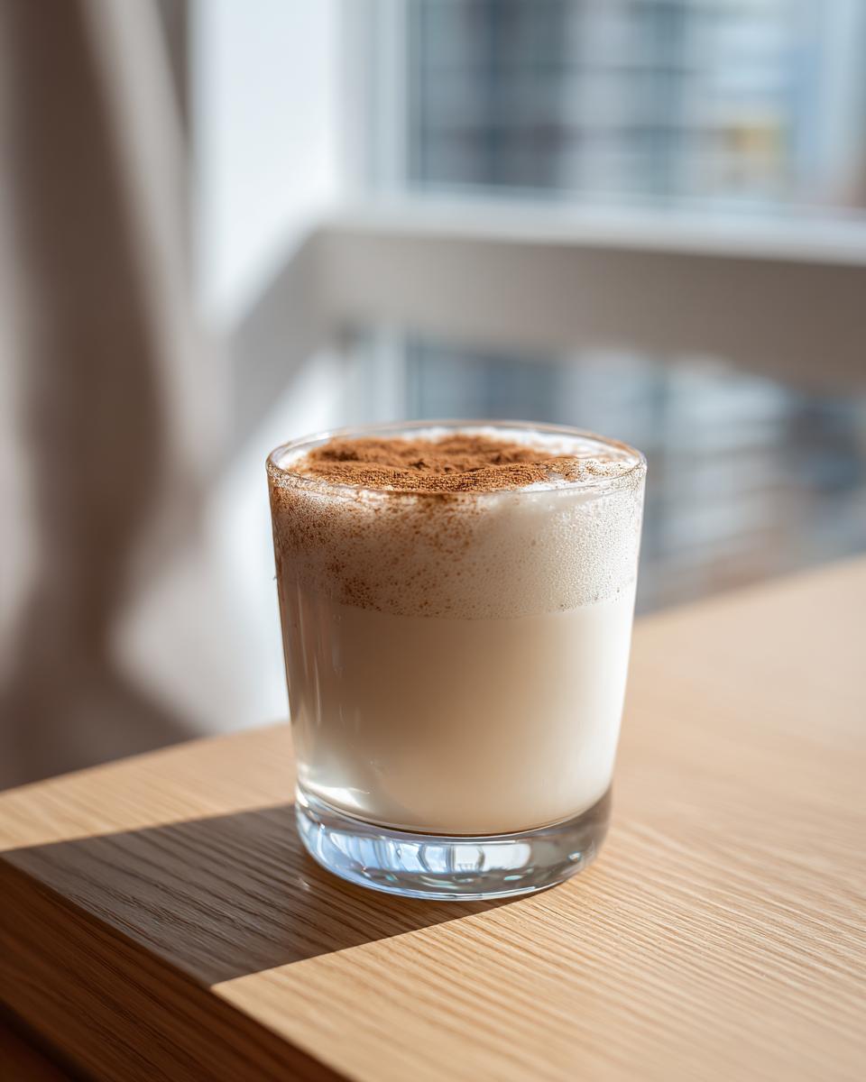 A glass of creamy, light-colored coquito topped with a dusting of cinnamon, sitting on a wooden surface.