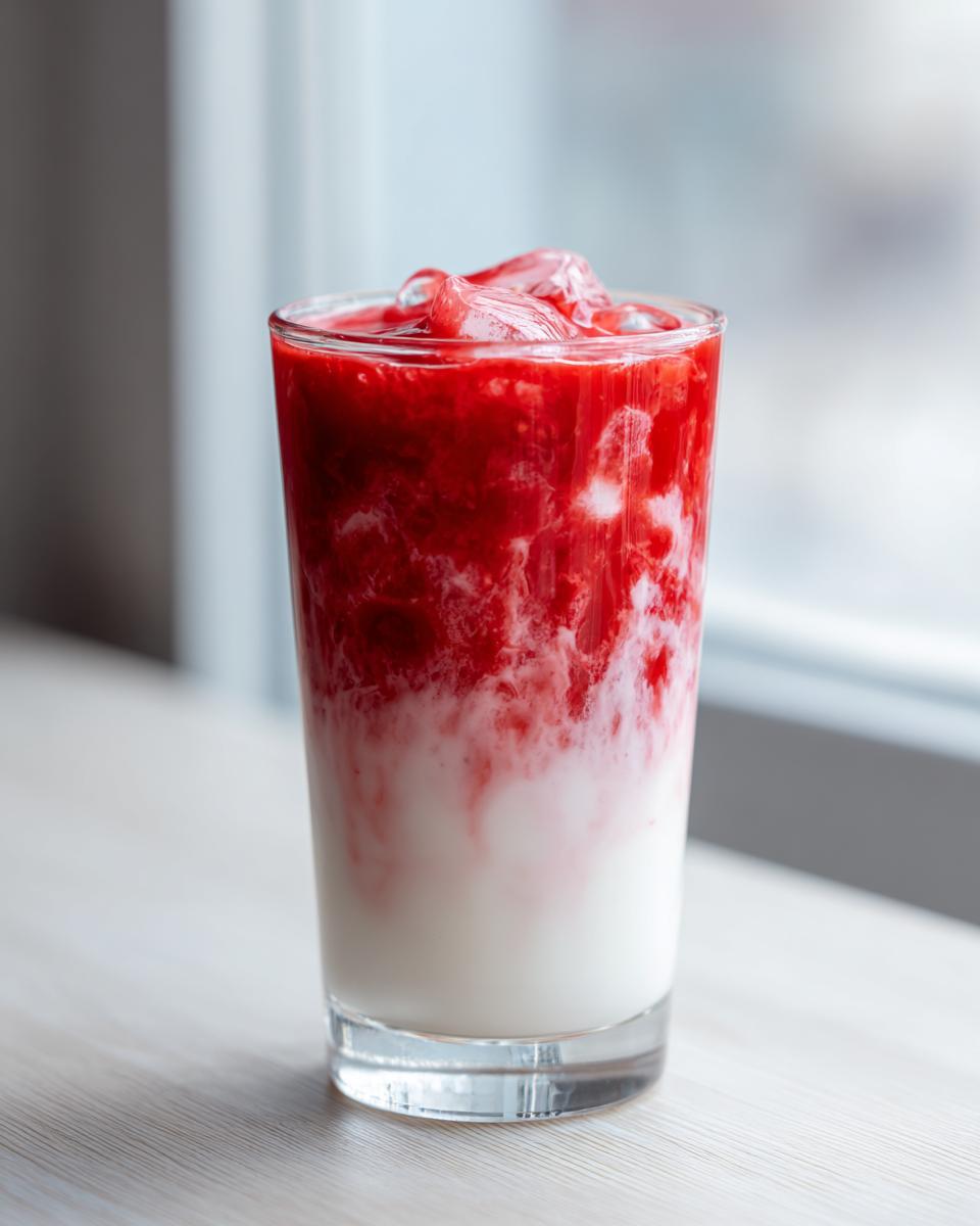 A tall glass showcasing layered strawberry milk, with bright red strawberry puree mixing into the white milk base over ice.