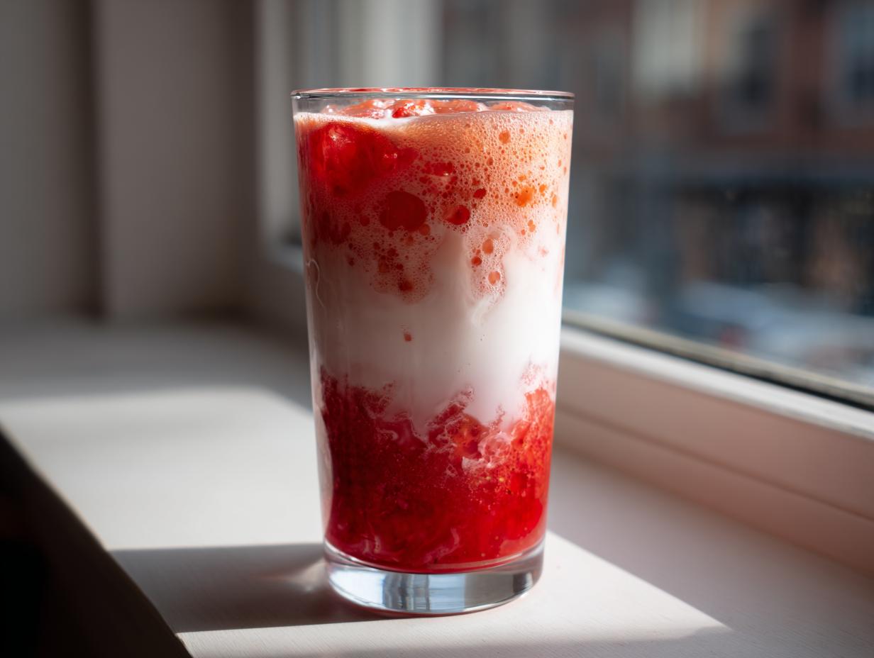 A tall glass of layered strawberry milk with crushed strawberries at the bottom, sitting on a sunlit windowsill.