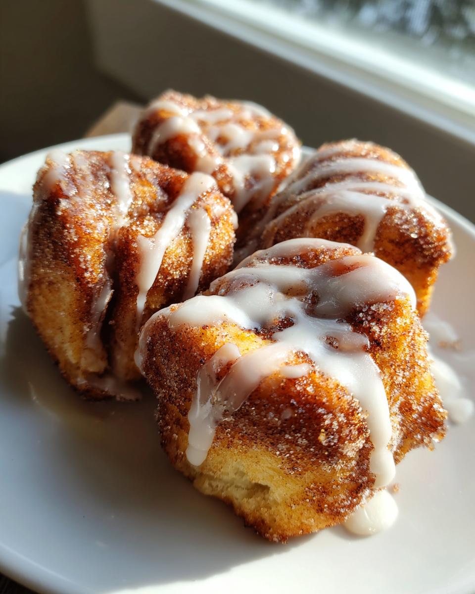 Four golden brown cinnamon roll bites coated in cinnamon sugar and drizzled with white icing.