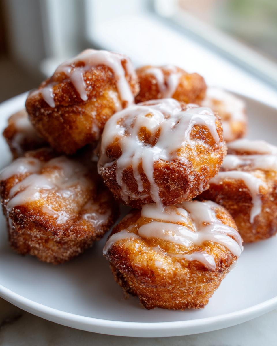 A close-up stack of golden brown, sugary cinnamon roll bites drizzled generously with white icing.