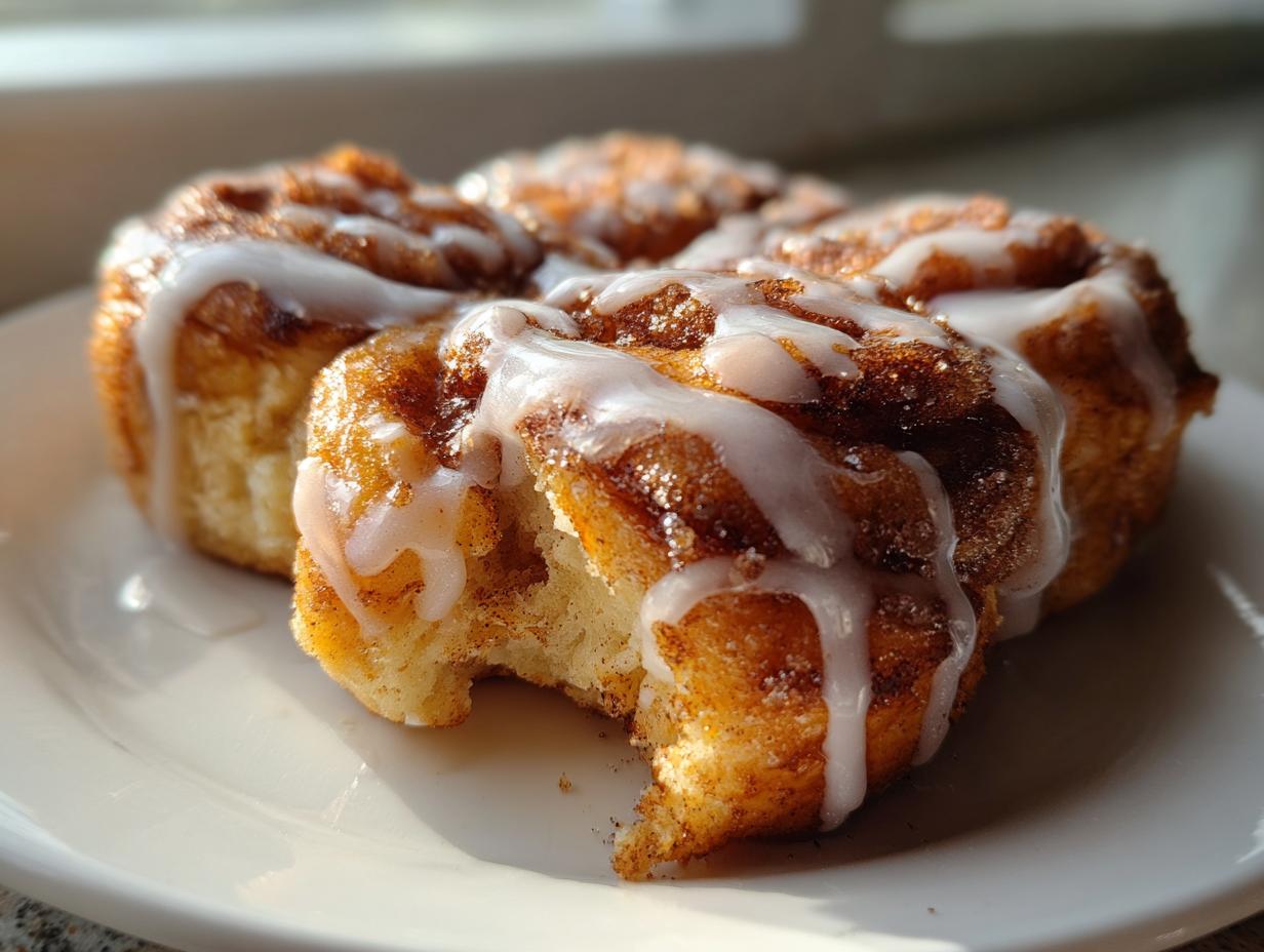 Close-up of soft, glazed cinnamon roll bites on a white plate, with one showing a bite taken out.