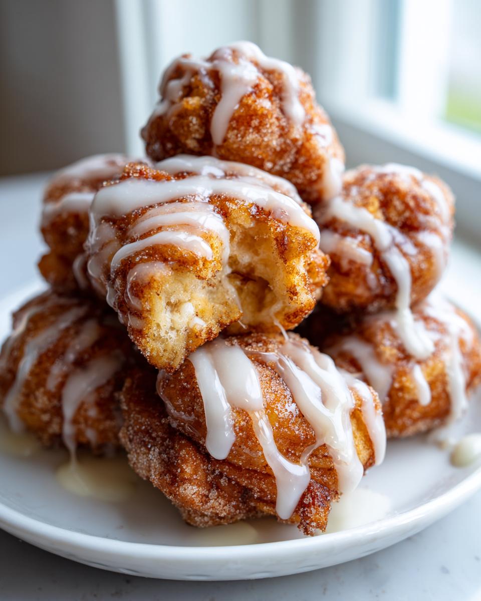 A stack of golden brown cinnamon roll bites coated in cinnamon sugar and drizzled with white icing.