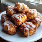 A stack of golden brown cinnamon roll bites coated in cinnamon sugar and drizzled with white vanilla icing.