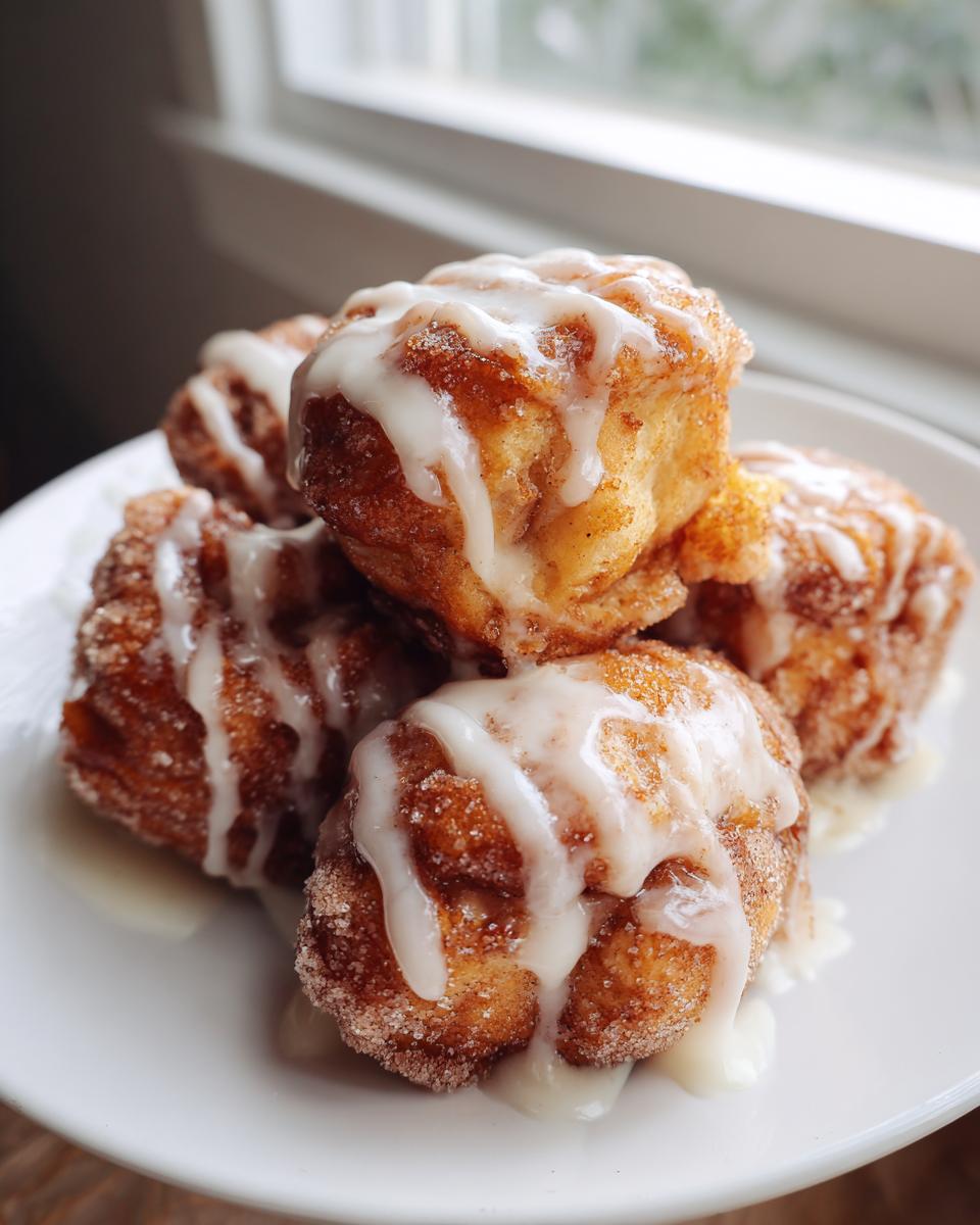 A stack of golden brown cinnamon roll bites coated in cinnamon sugar and drizzled heavily with white icing.