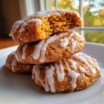 A stack of three soft, orange persimmon cookies drizzled with white icing, with the top cookie broken open showing the texture.
