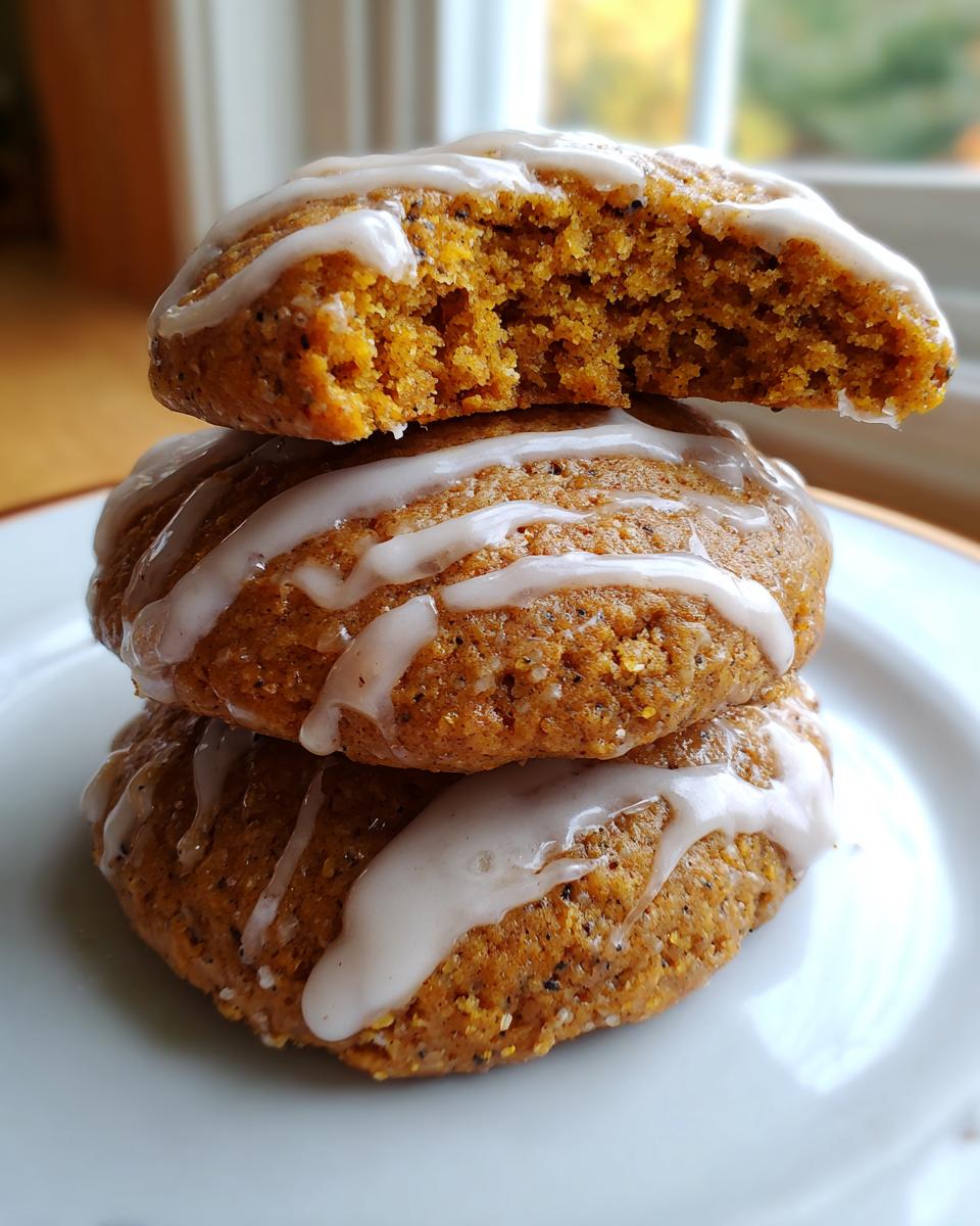 Three stacked, soft persimmon cookies drizzled with white icing, with the top cookie broken to show the moist interior.