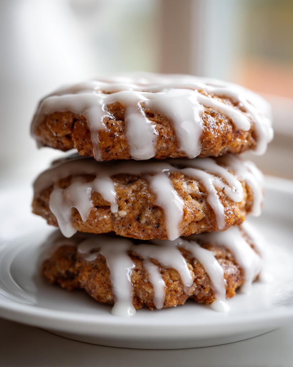 Three soft, cake-like persimmon cookies stacked and drizzled generously with white vanilla glaze.