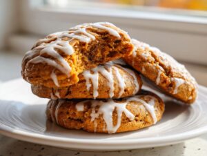 A stack of soft, orange persimmon cookies drizzled with white icing, one cookie broken open to show the texture.