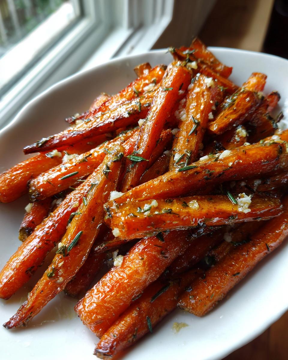 A close-up of perfectly glazed roasted carrots seasoned with minced garlic and fresh rosemary.