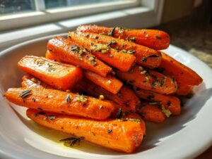 A close-up of bright orange roasted carrots, seasoned with herbs and garlic, piled high in a white bowl.