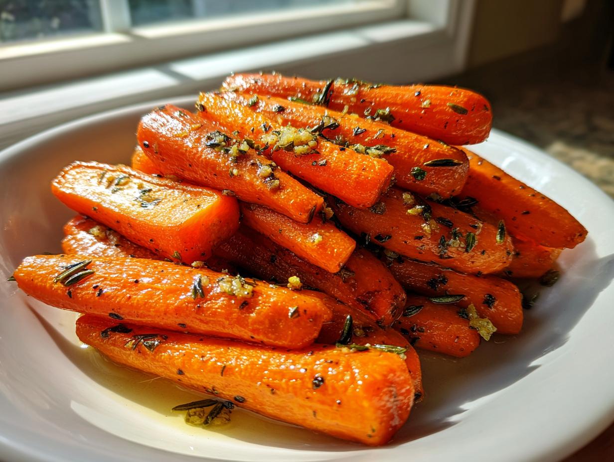 A close-up of bright orange roasted carrots, seasoned with herbs and garlic, piled high in a white bowl.