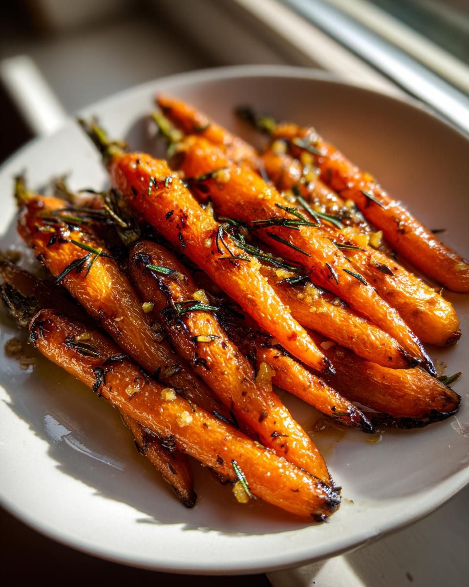 A close-up of glossy, caramelized roasted carrots seasoned with fresh rosemary and garlic.