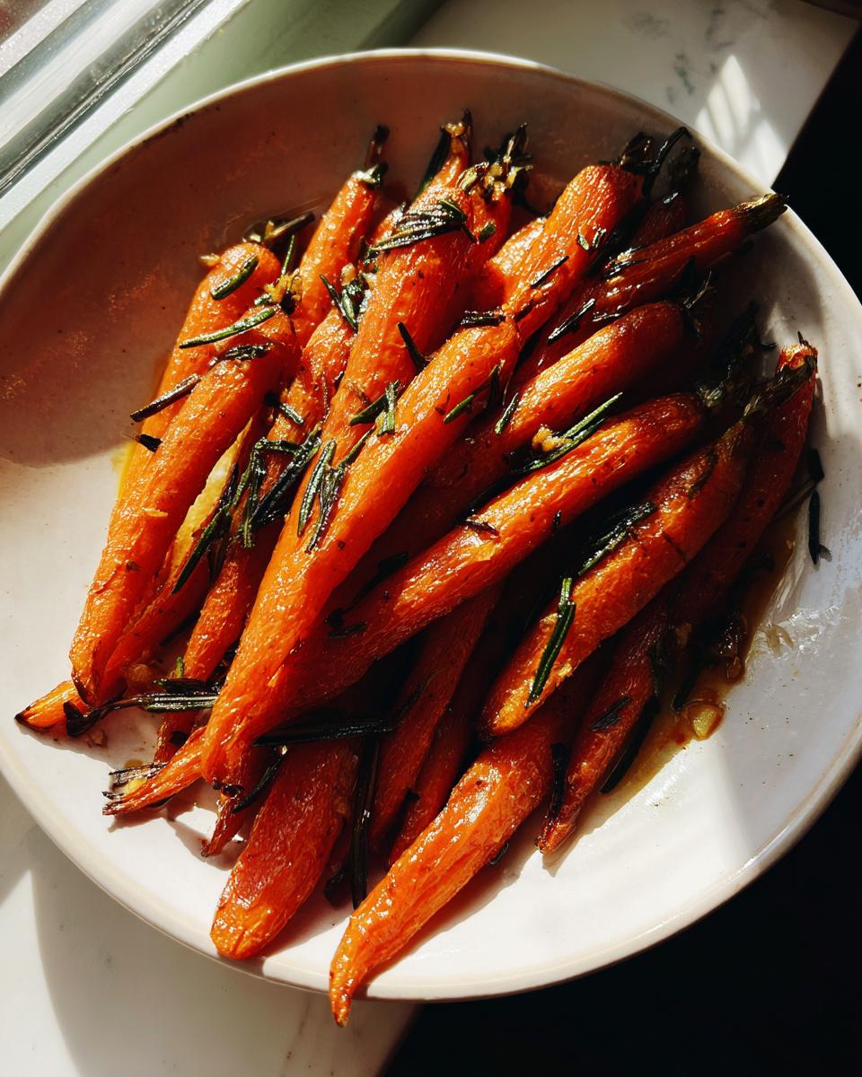 A bowl of vibrant, glossy roasted carrots seasoned with fresh rosemary, catching bright sunlight.